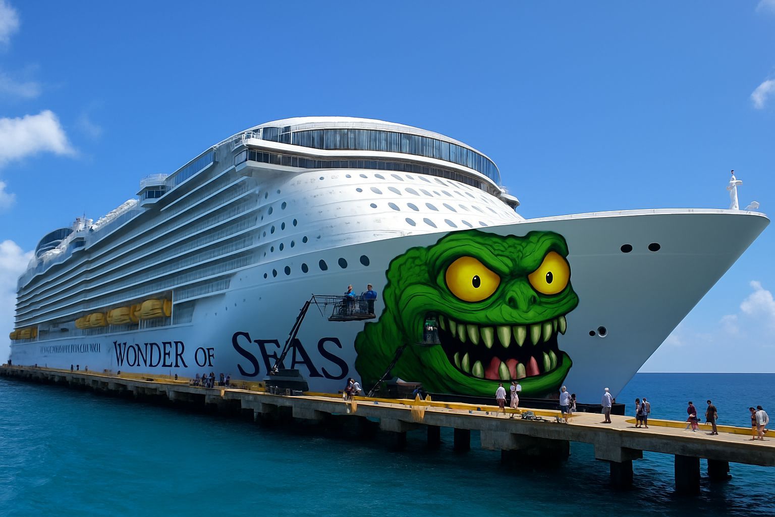 Men Painting a Green Monster on Ship