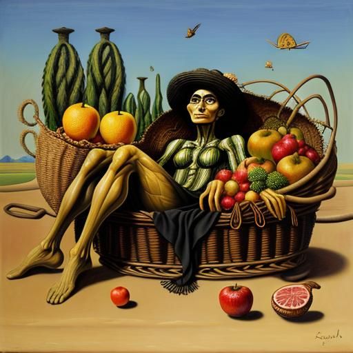 Surreal Fruit Basket Woman, Melting Oil on Canvas