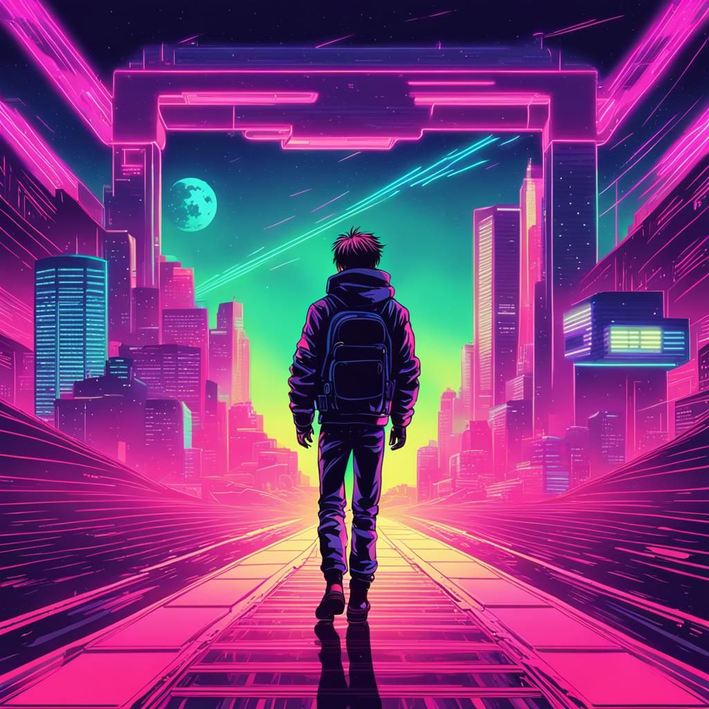 Man Enters Anime World with Synthwave Style