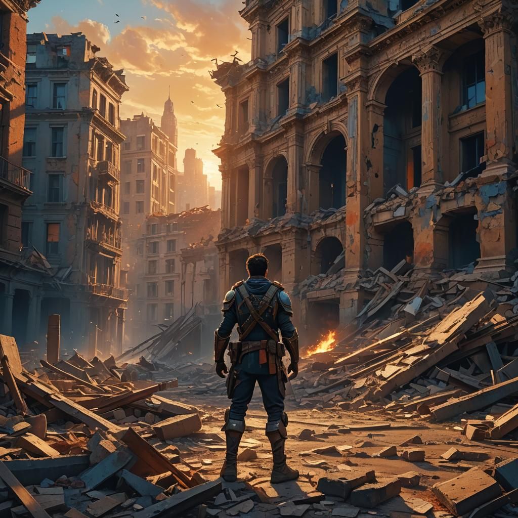 Victorious Hero in War-Torn City: Cinematic Impressionism