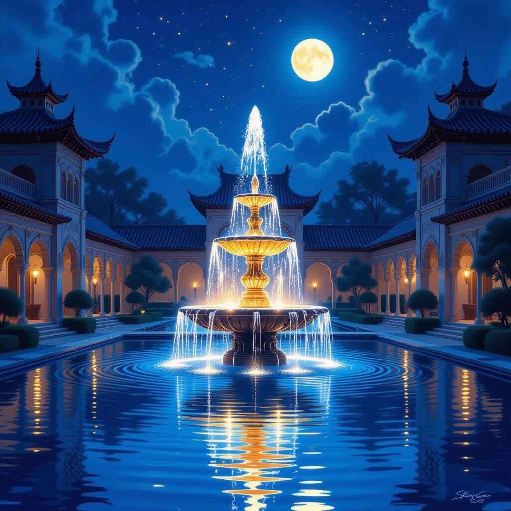 Glowing Fountain in Moonlit Courtyard: Ethereal Illustration