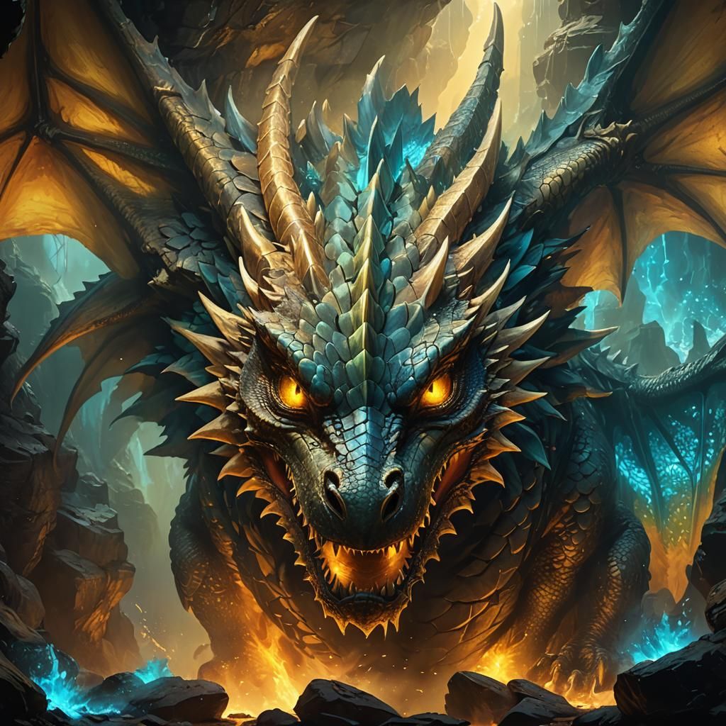 Surreal Dragon Emerges from Bioluminescent Cave