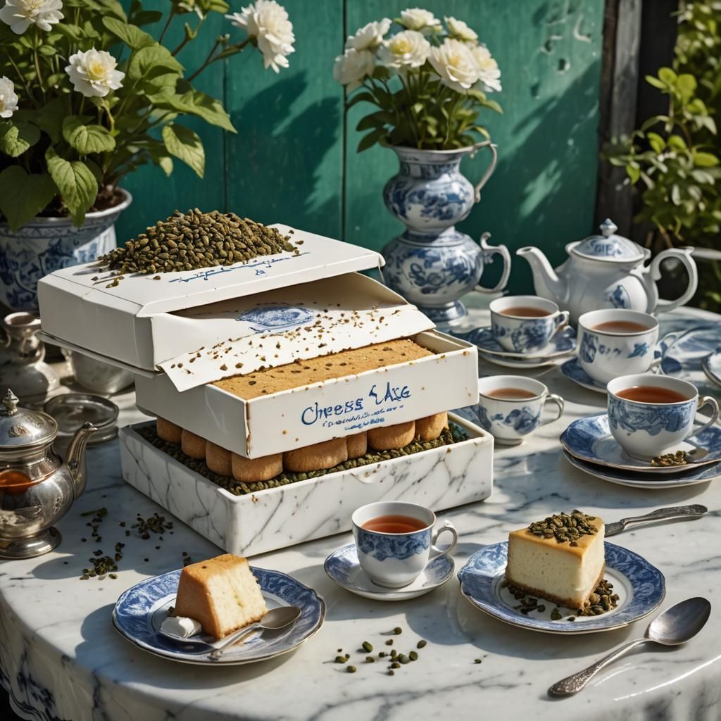 Cheesecake Overflowing on Marble Table, Detailed Matte Paint...