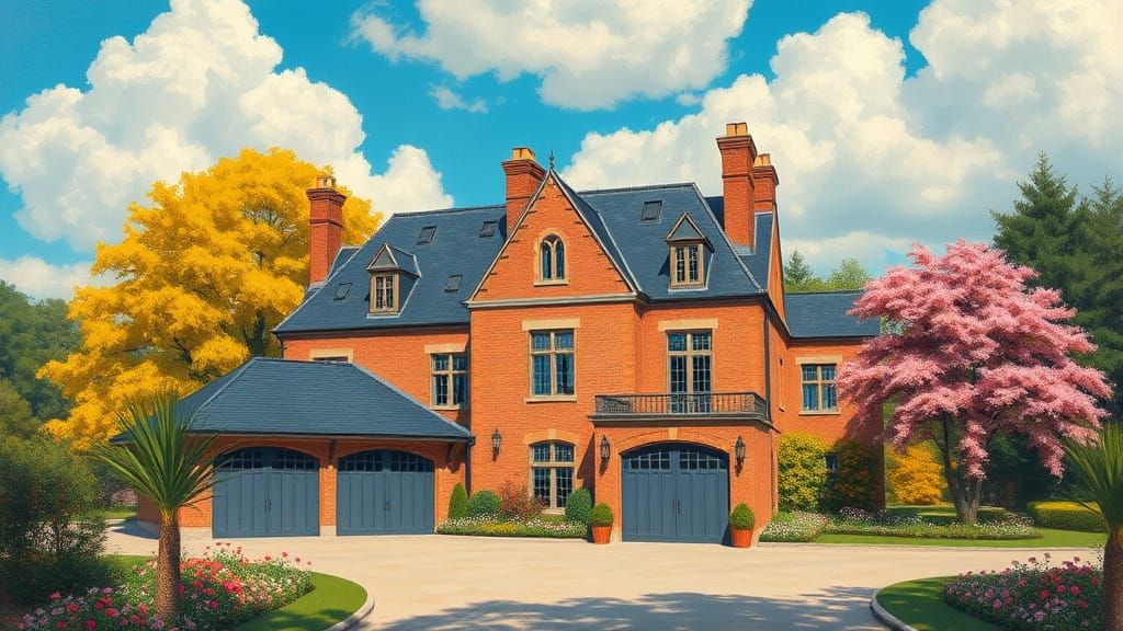 Grand Brick Chateau with Vibrant Garden