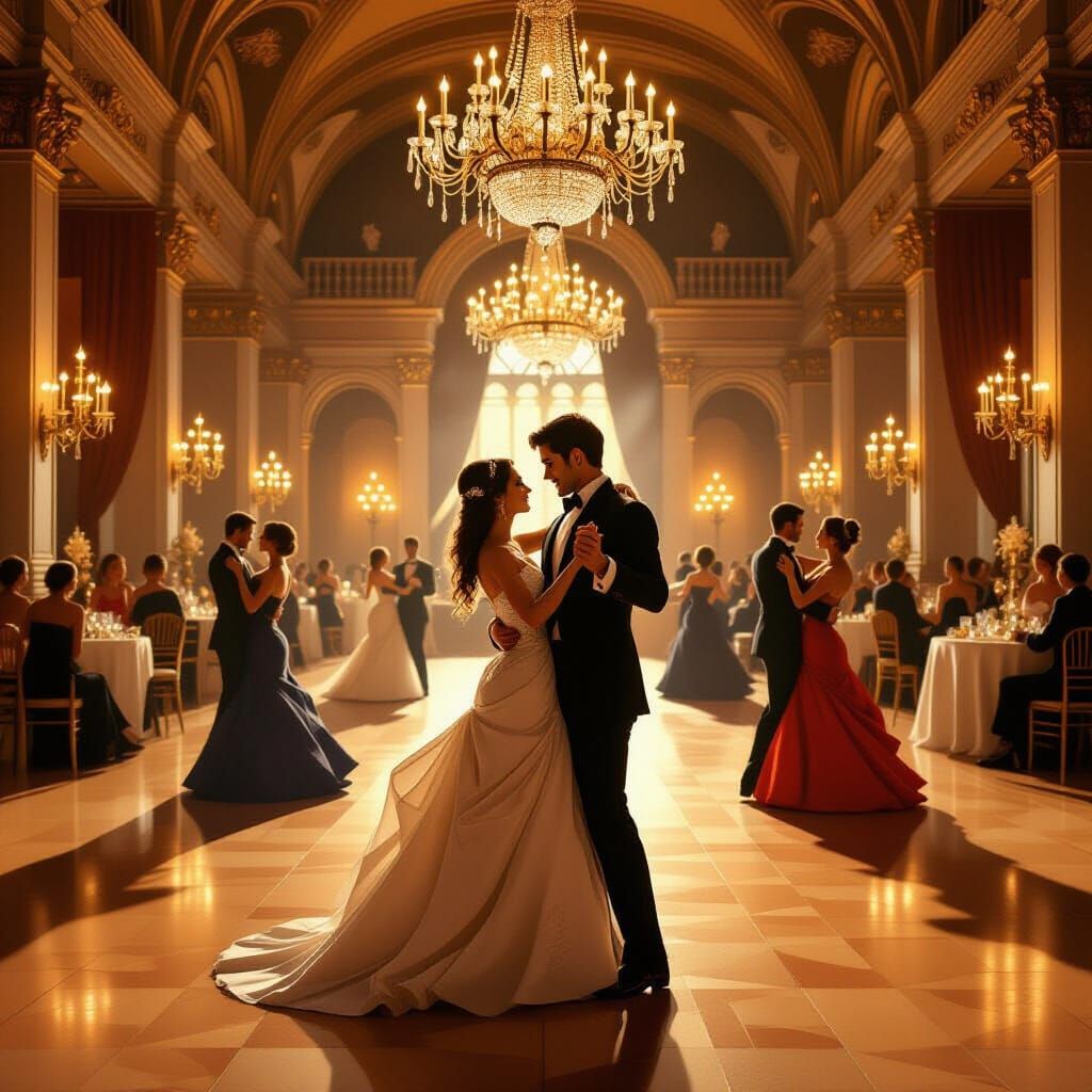 Elegant Couple Dancing in Candlelit Castle Ballroom