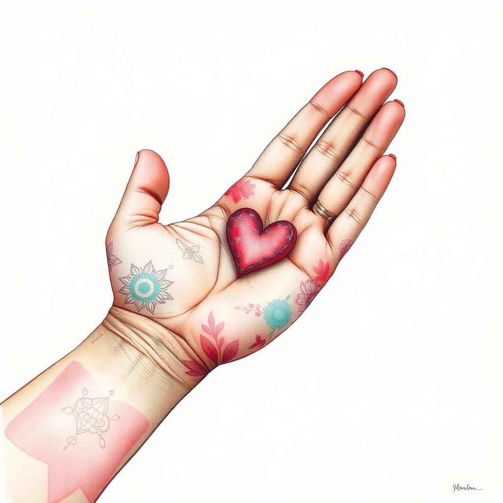 Hand Holding Heart in Charcoal and Watercolor Illustration