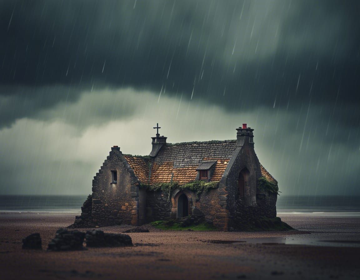 Scottish Medieval House on Stormy Shore