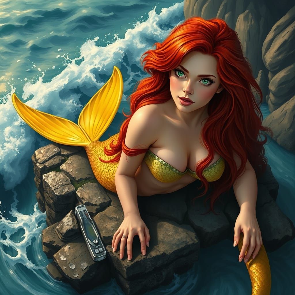 Redhead Mermaid Sunning Herself in Hyperrealistic Style