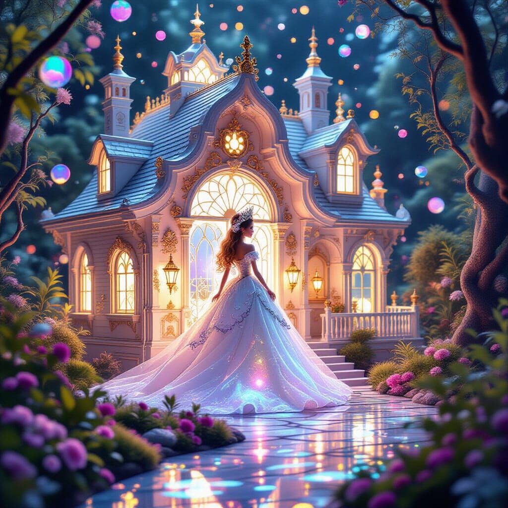 Holographic Dollhouse with Princess in Whimsical Setting