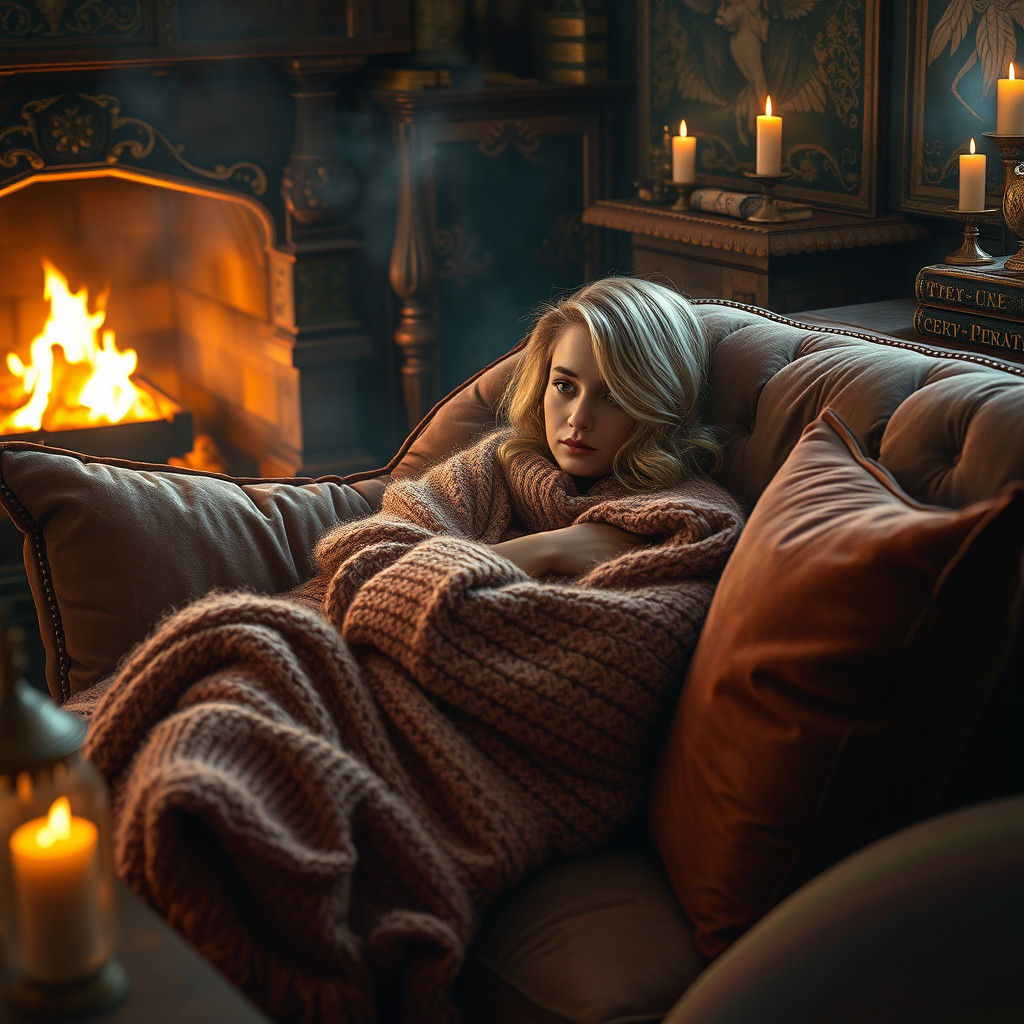 Woman in Mohair Sweater with Mystical Artifacts