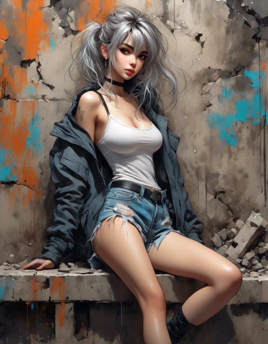 Anime Girl Leaning on Concrete Wall Sketch