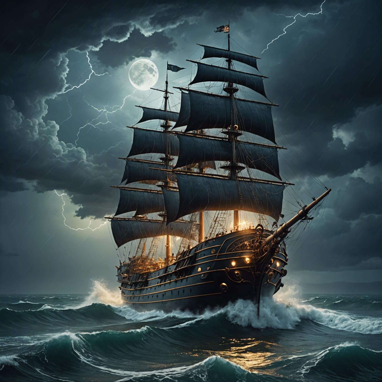 Steampunk Ship Navigates Summer Thunderstorm at Sea