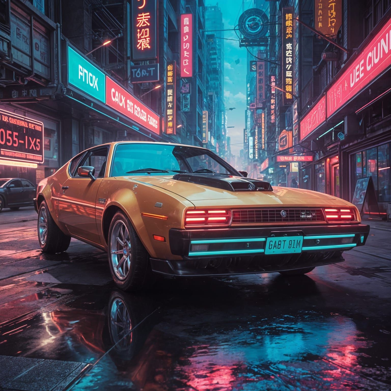 Detailed Cyberpunk Vehicle in Neon Alleyway