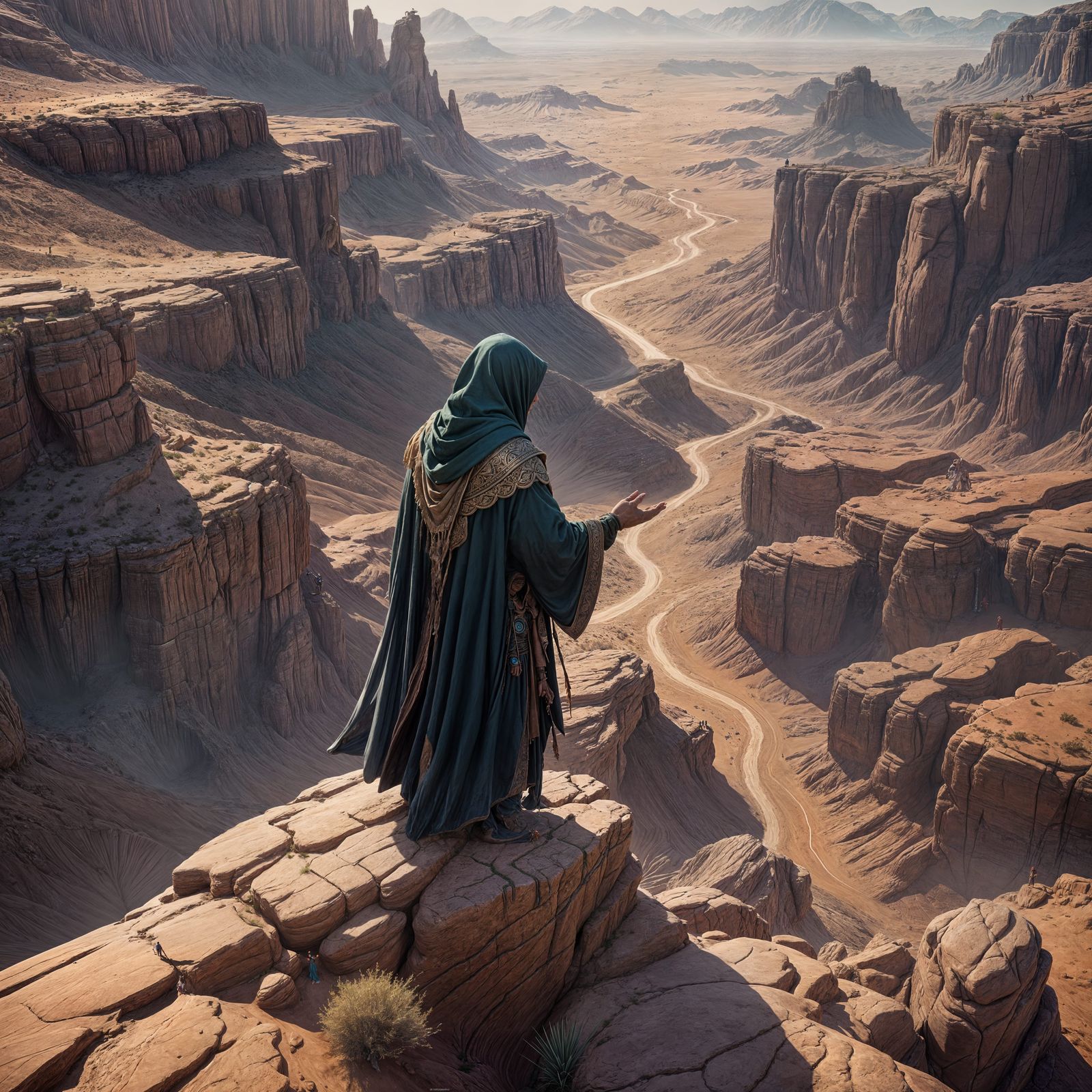 Desert Hermite  praying on a cliff in the desert