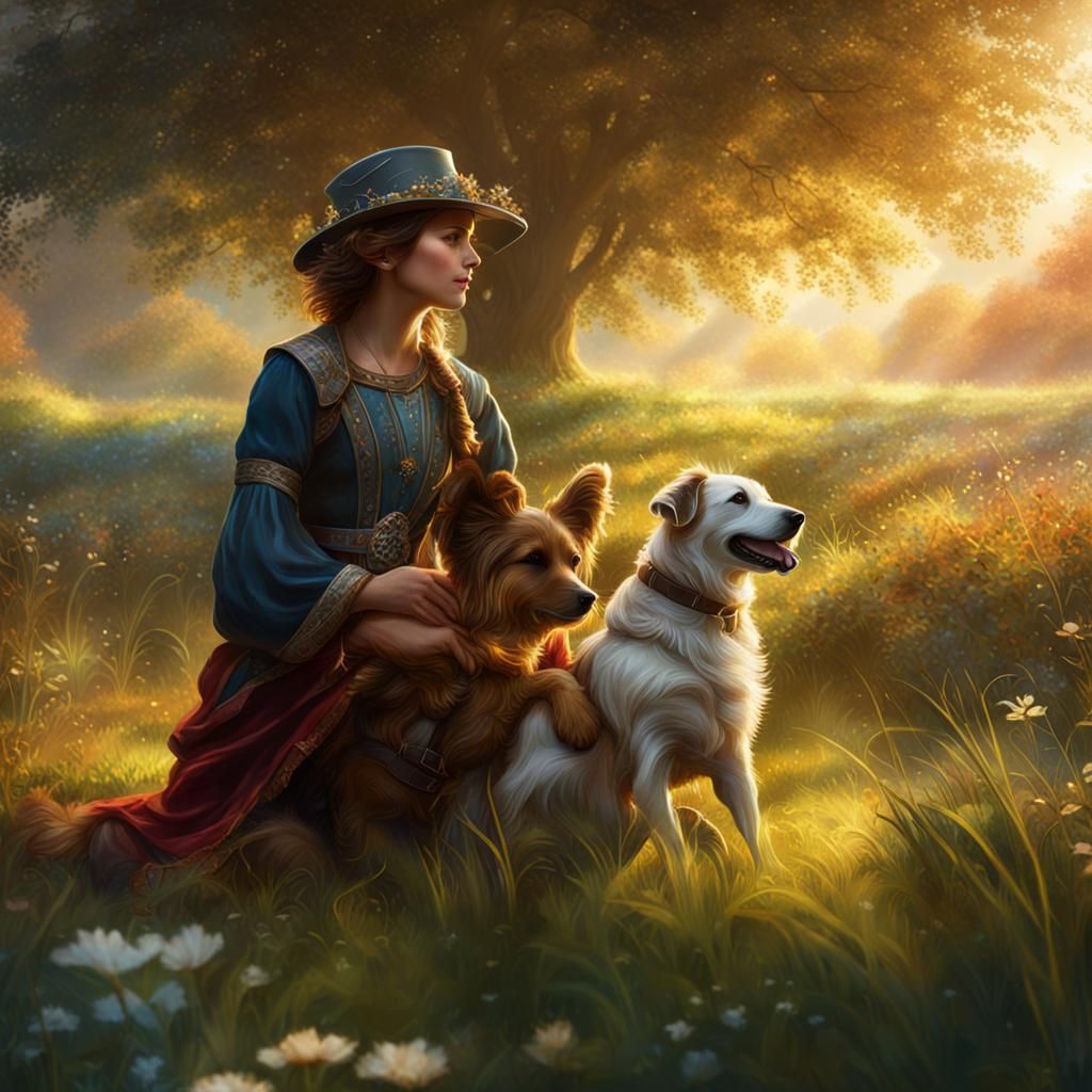Mystical Pet and Owner Playing Fetch, Detailed Art