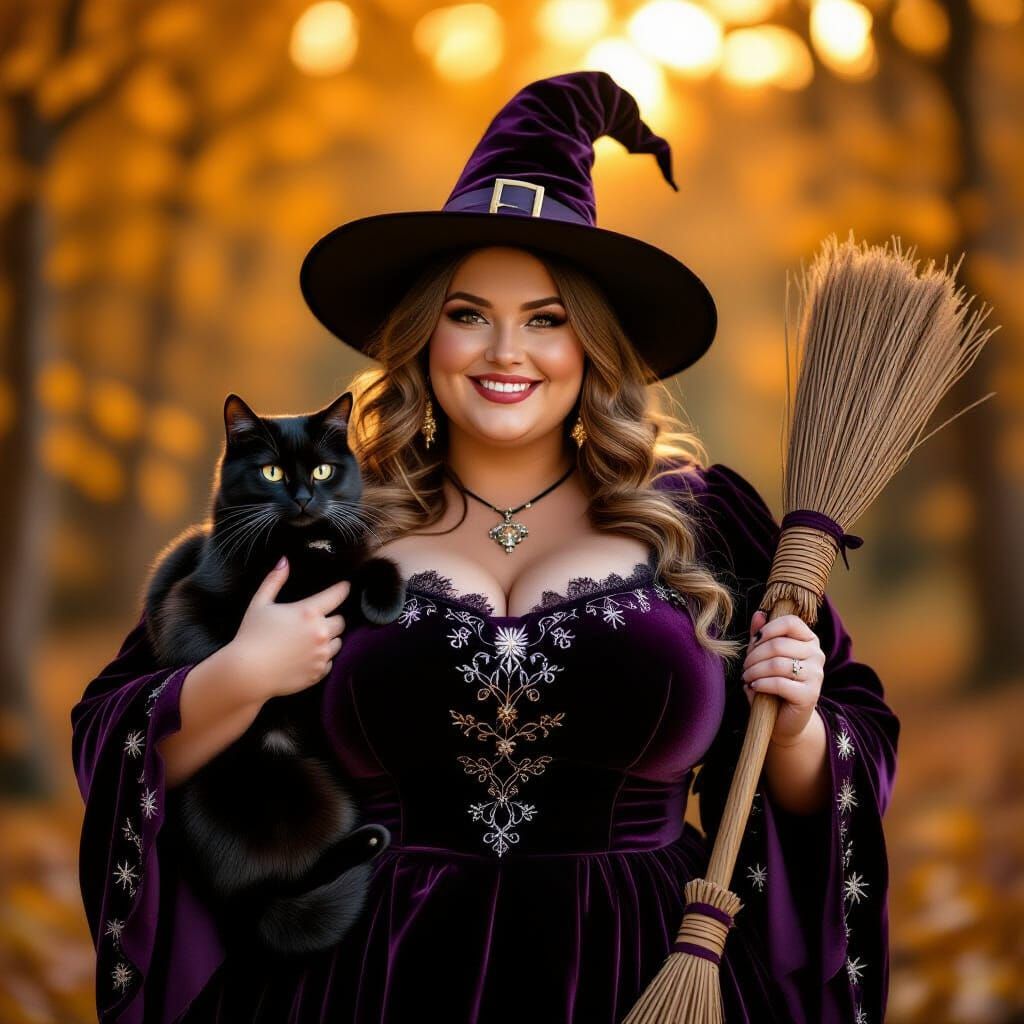 Chubby Witch with Black Cat in Autumn Forest