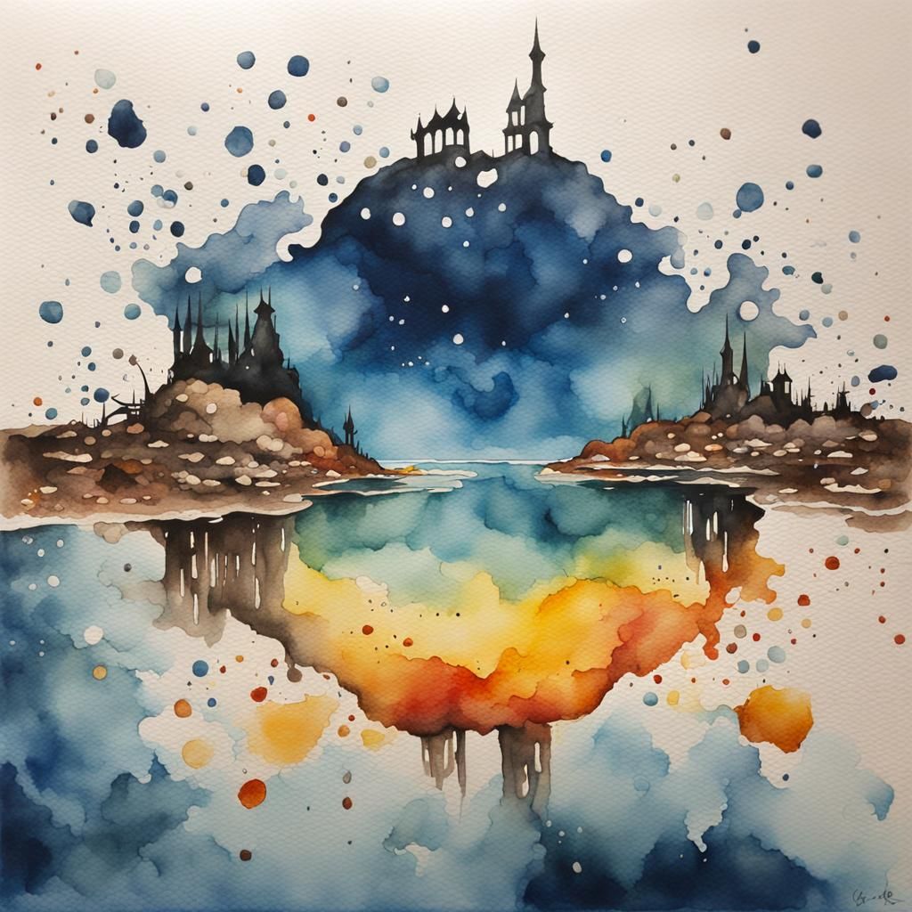 Watercolor Puddle Reflects Upside Down World