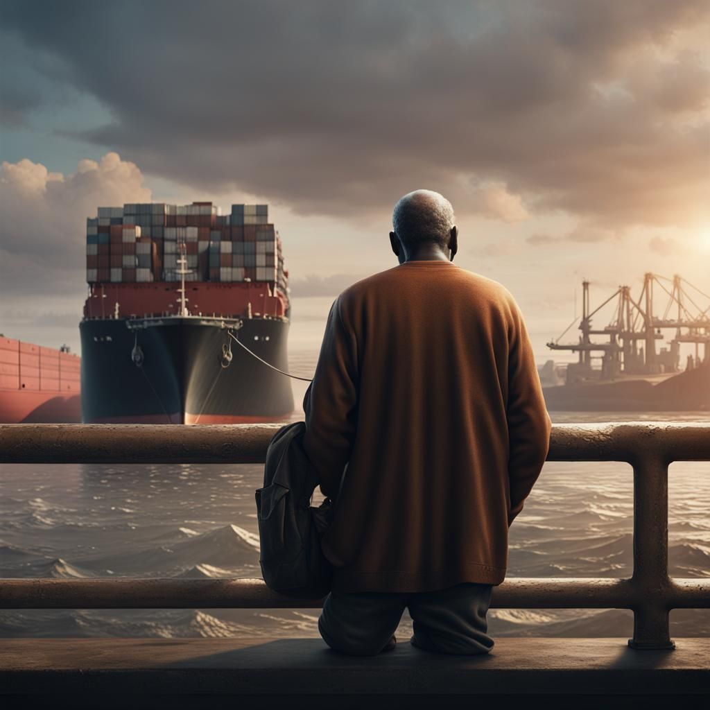 Sad Old Man Watches Cargo Ship: Matte Painting