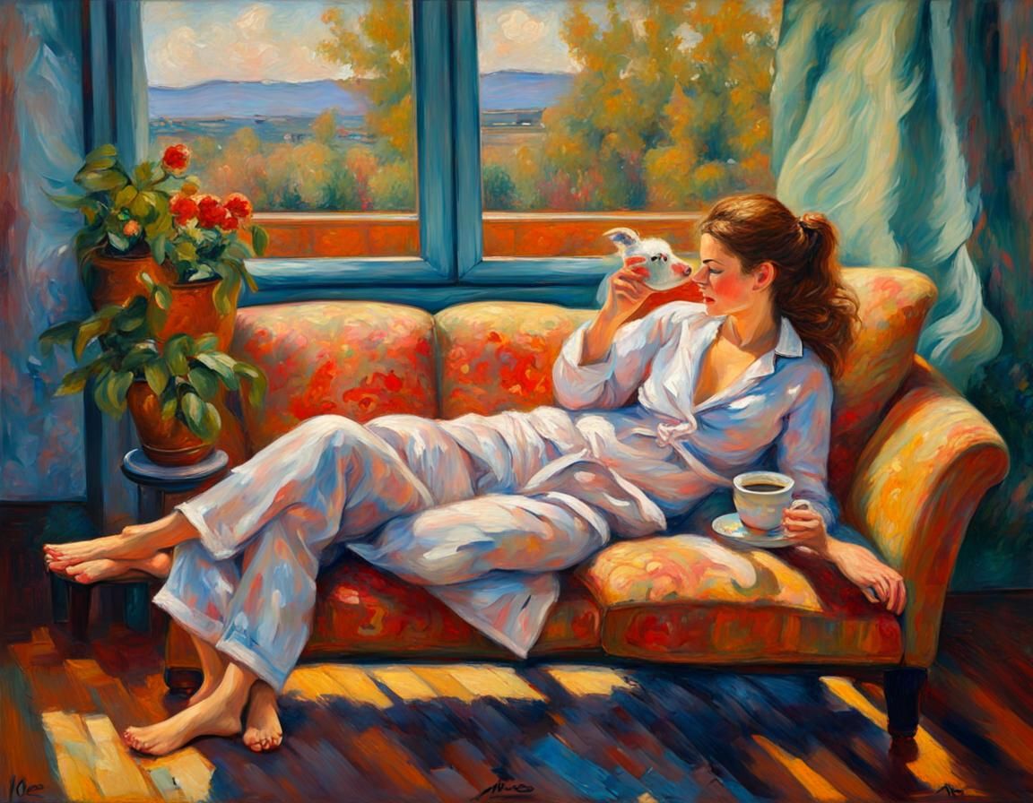 Woman with Dog in Renoir Style Oil Painting