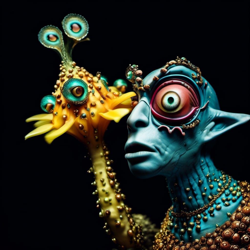 Celestial Aliens Celebrate in a Vibrant Surreal Restaurant