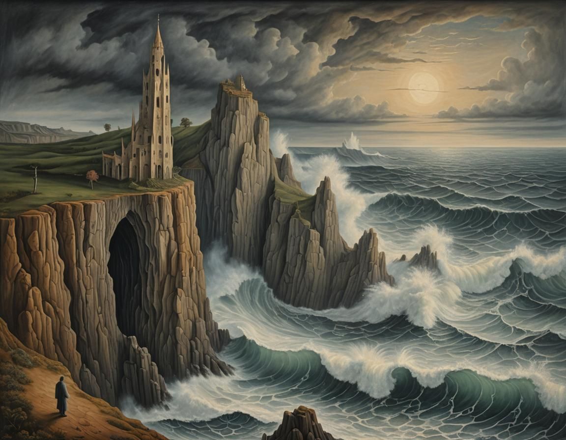 Surreal Ocean Cliffside Painting in Varo Style