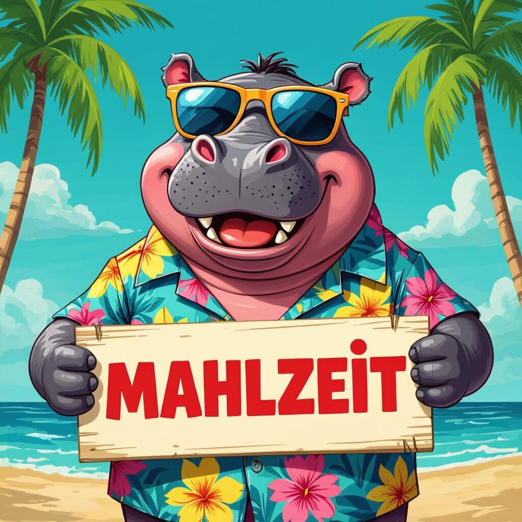 Happy Hippo with Mahlzeit Sign: Whimsical Art