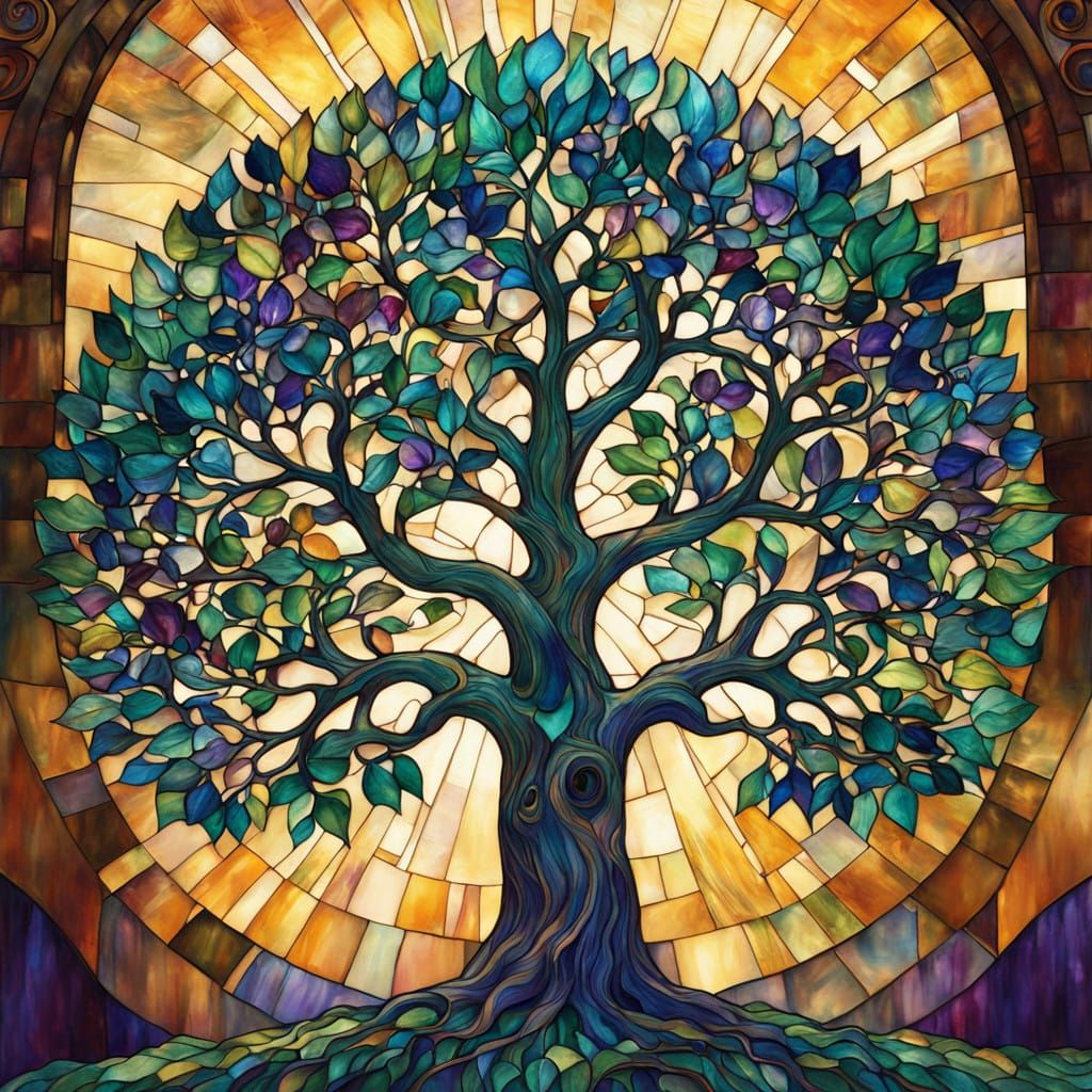 Tree in Vibrant Stained Glass Colors