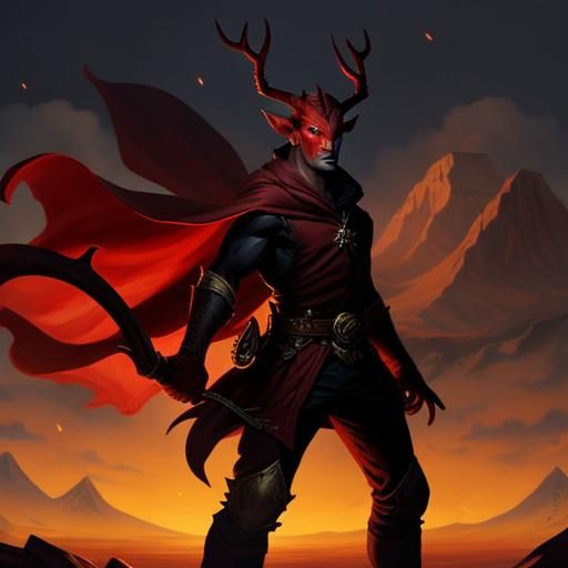Red-skinned Tiefling Wizard with Stag Horns