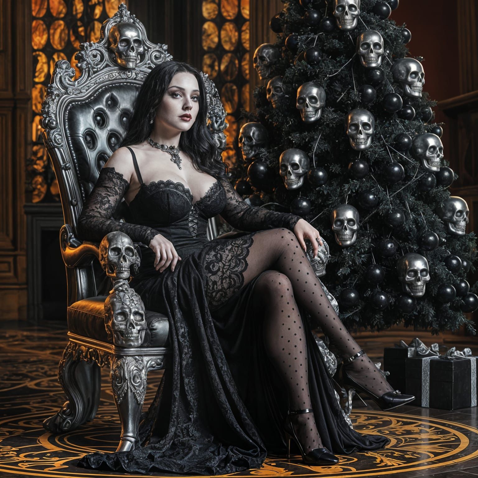 Morticia Addams on Skull Throne with Gothic Christmas Tree