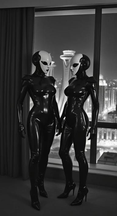 Robotic Models in Futuristic Cityscape, Vintage Vogue Style