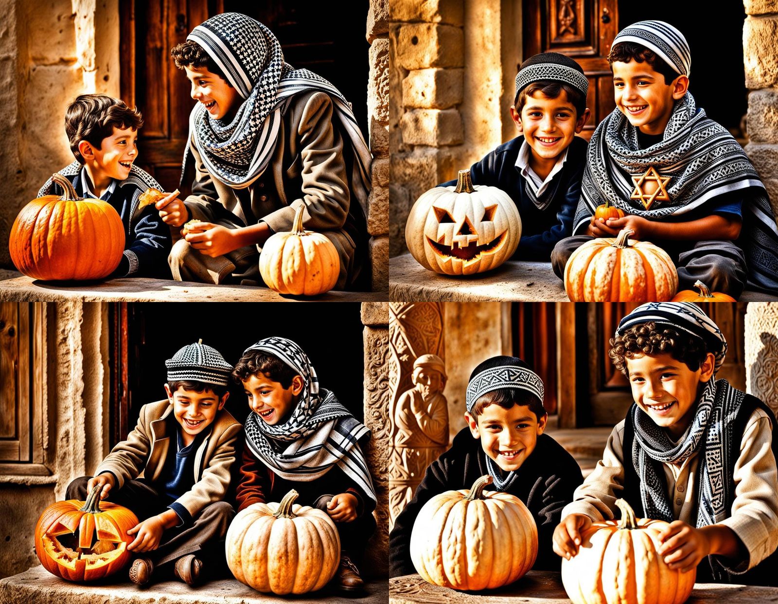 Jewish and Palestinian Boys Carving Pumpkin Together