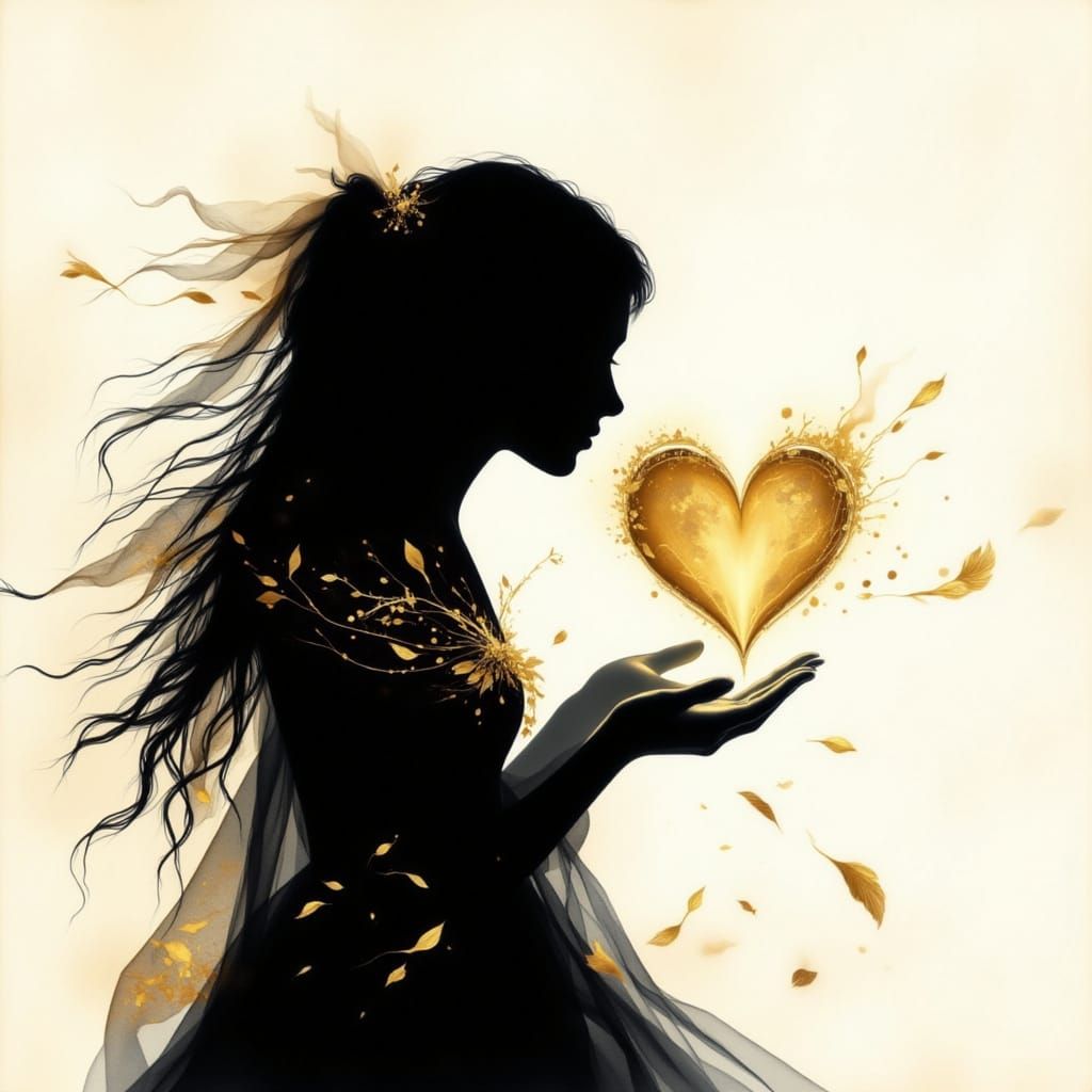 <lora:BlackGold silhouette:1.0> <lora:Heart:1.0> A human wit...