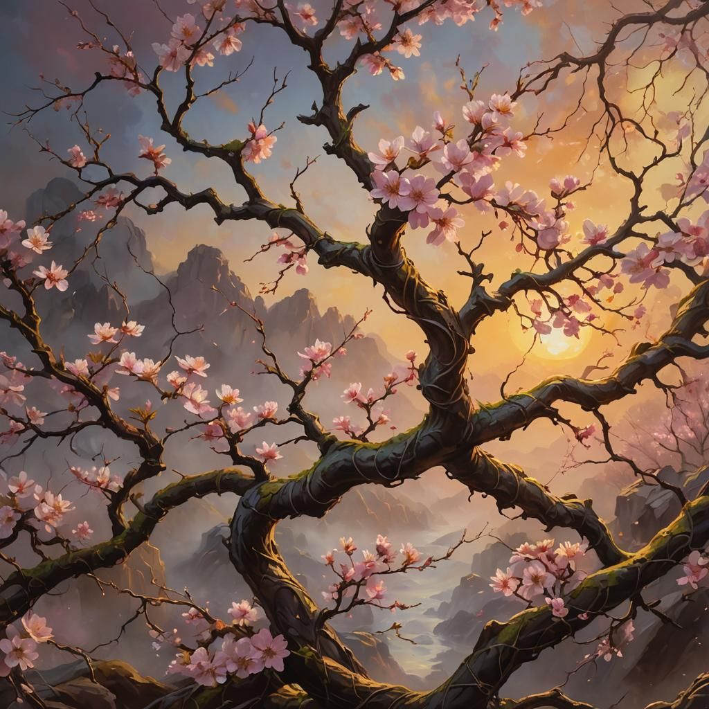 Cherry Blossoms Bloom in Ethereal Fantasy Landscape
