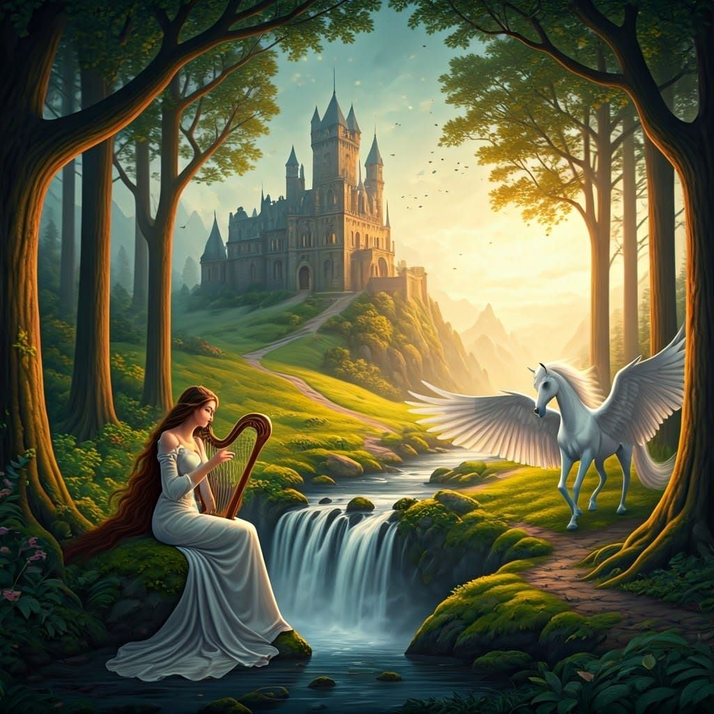 Regal Princess by a Serene Waterfall in a Vintage Landscape