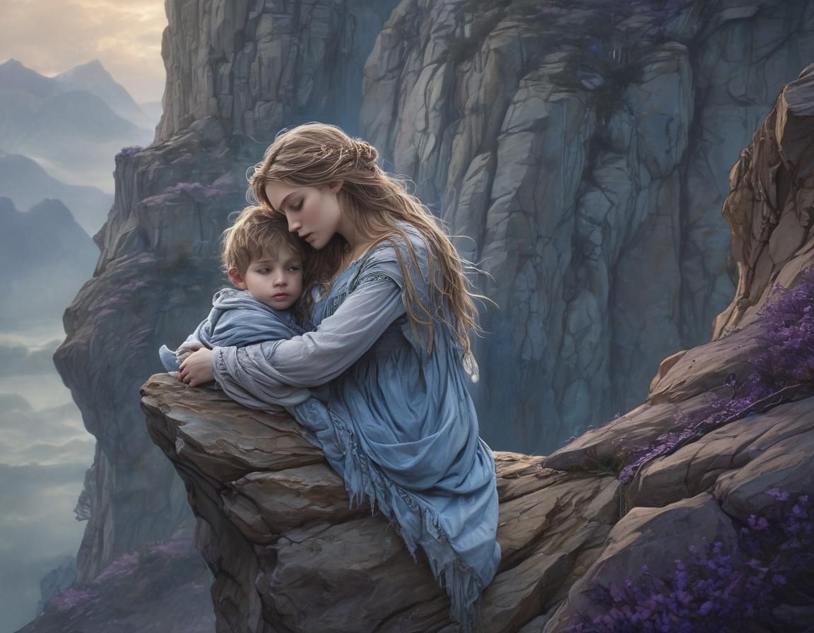 Protective Siblings in Storm, Whimsical Fantasy Art