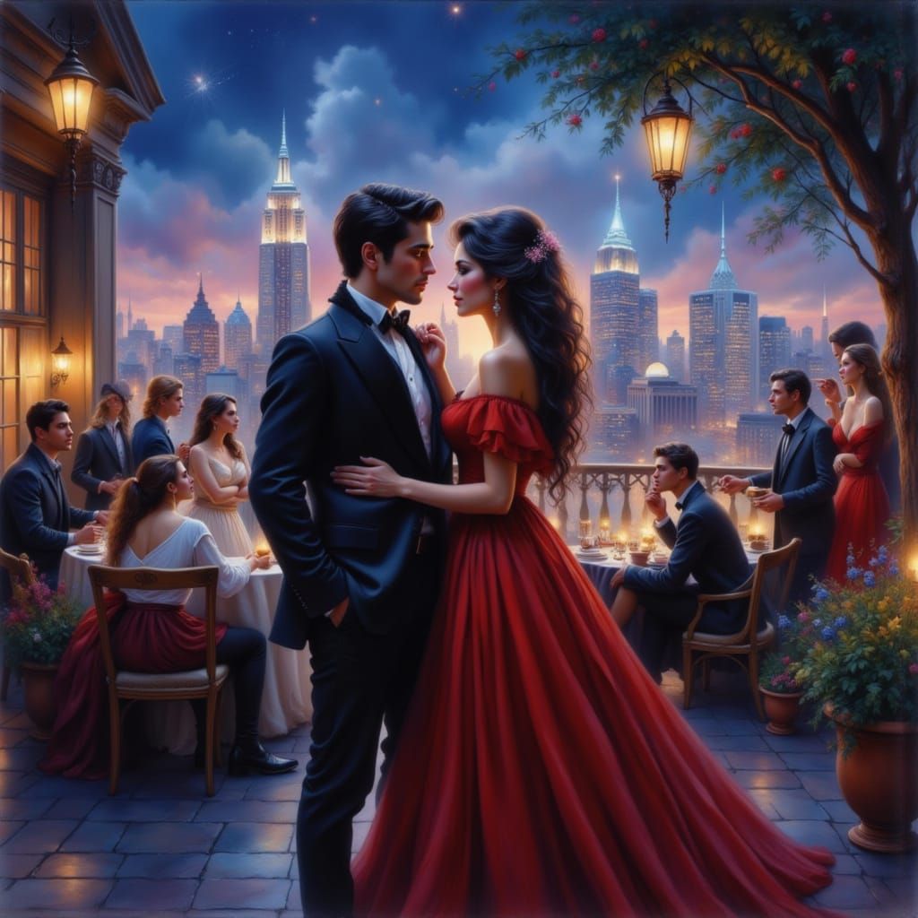 Couple Overlooking City Skyline at Night