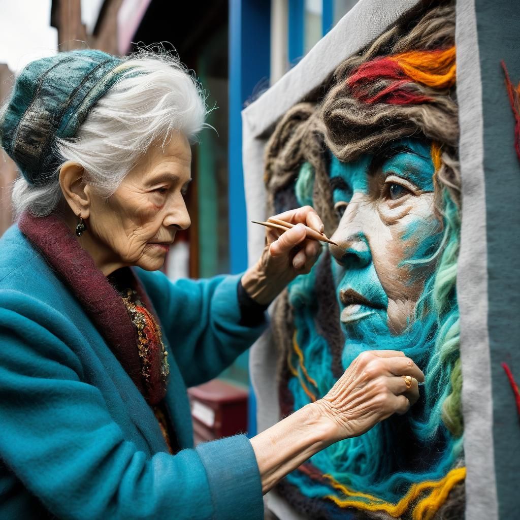 Needle-Felted Street Art by Older Woman