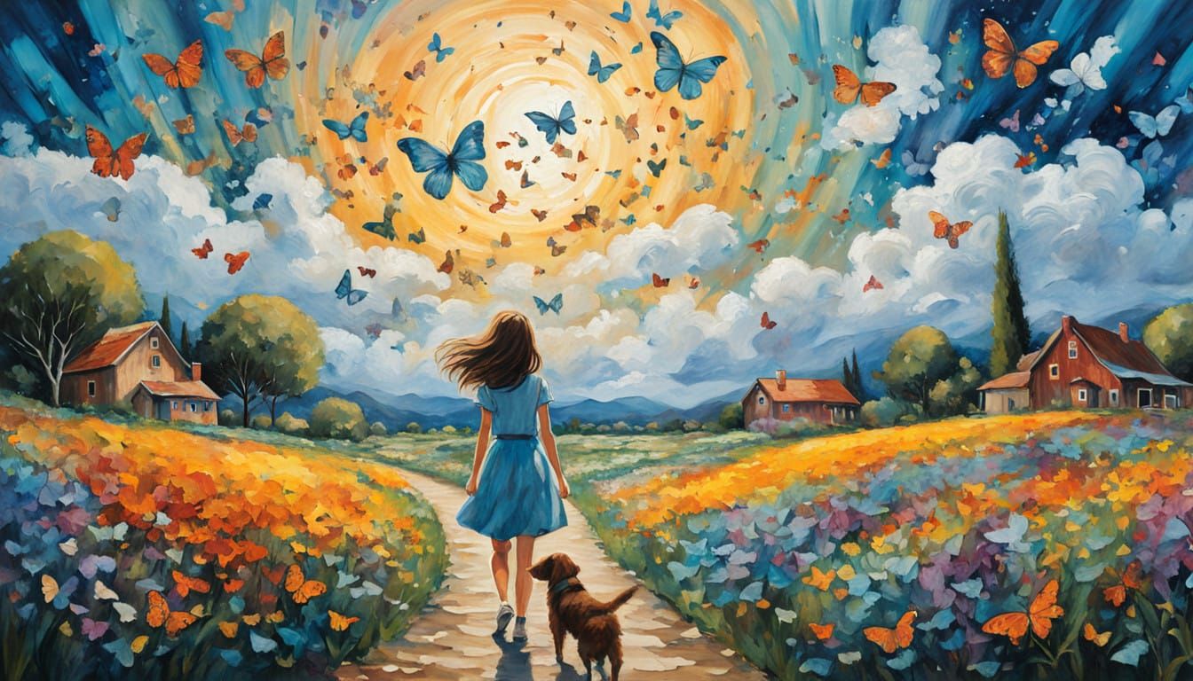 Whimsical Girl in Sunny Meadow, in Impasto Style