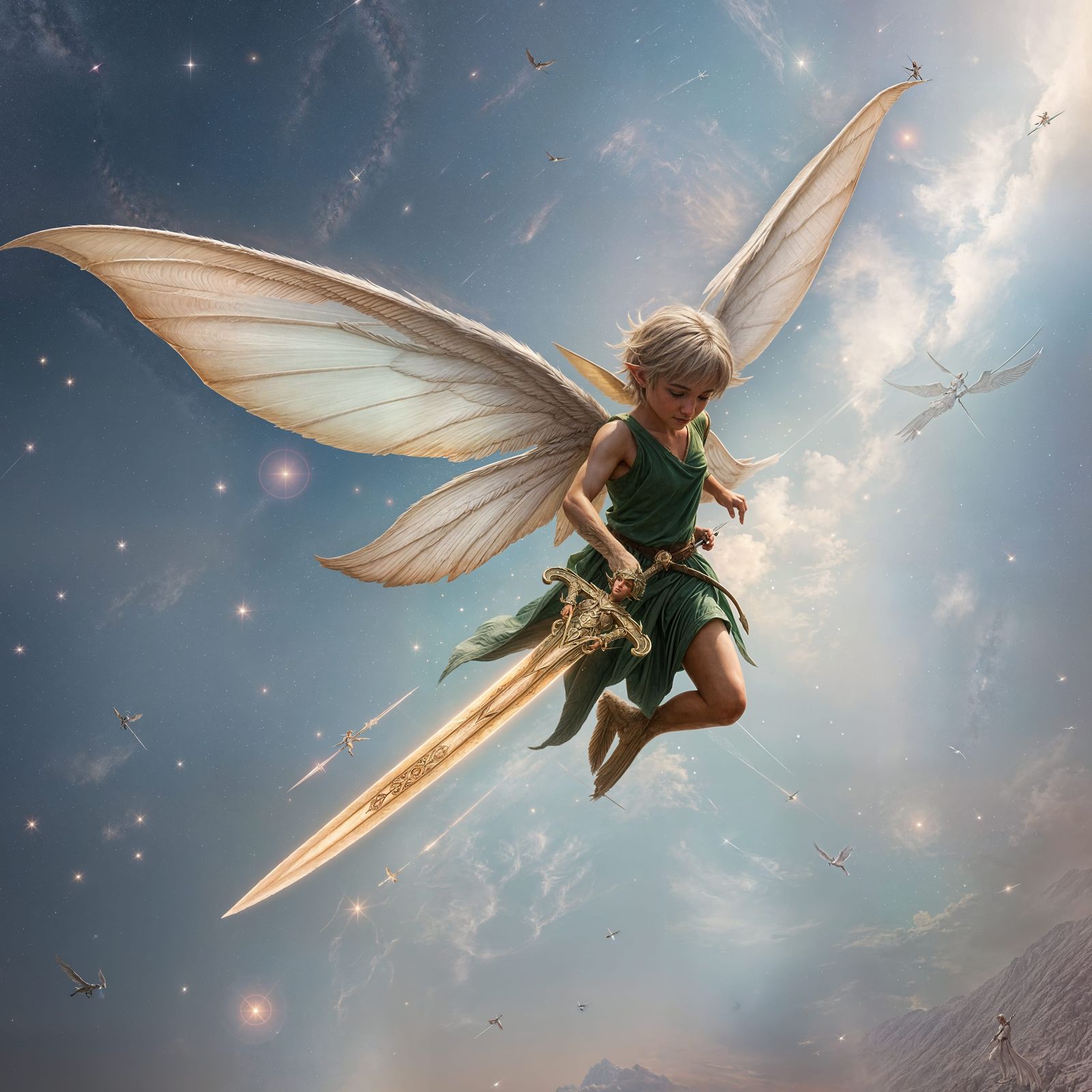 Mystical Elf Soars Through Celestial Feathers