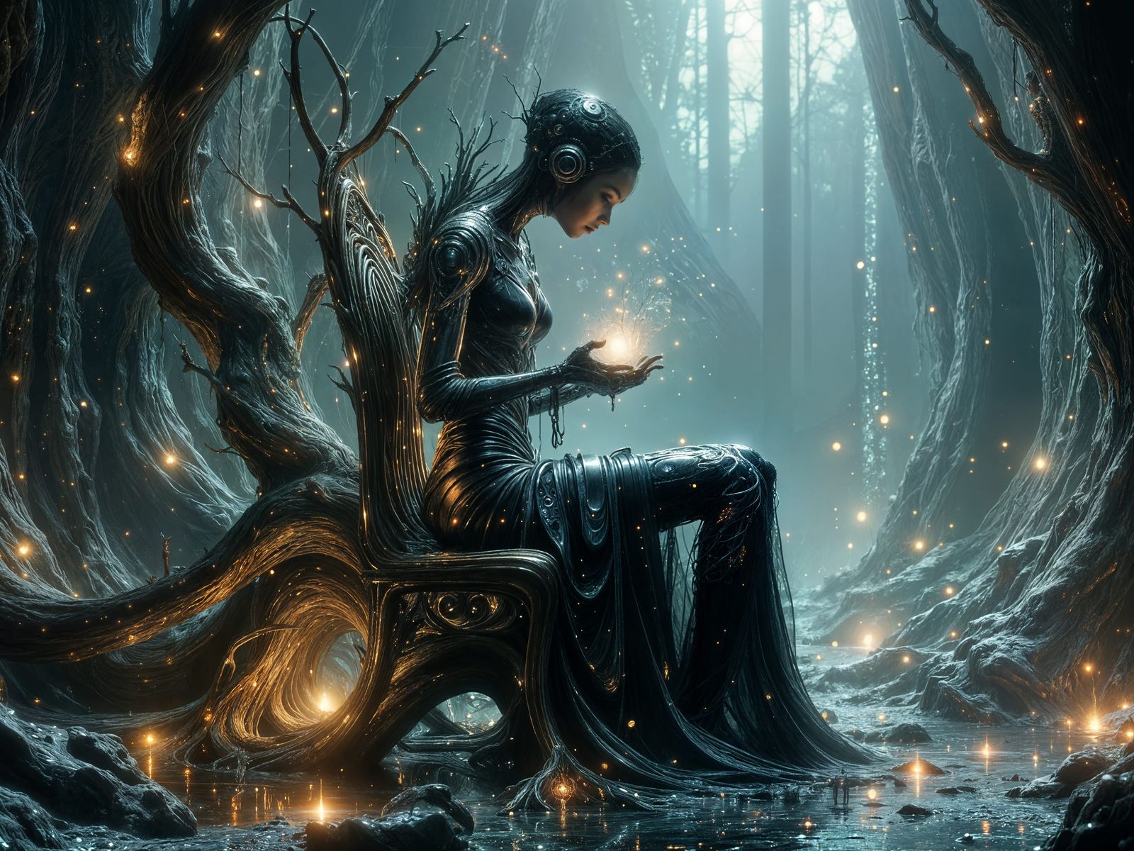 Mechanical Fae Queen Holds Starlight Orb in Futuristic Thron...