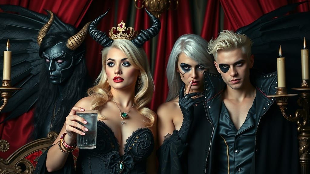 Blonde seductress with piercing emerald eyes, demon horns, and sprawling black wings sipping chilled vodka, posed alongs...