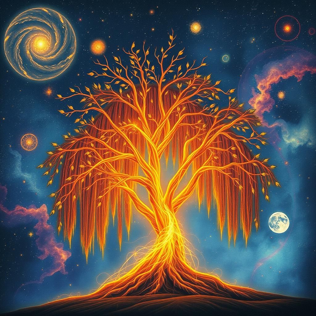 Fiery Willow Tree in Starry Cosmic Dreamscape