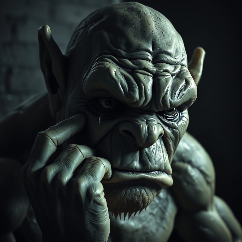 Sorrowful Ogre Cries Famine Tears in Classical Sculpture Sty...