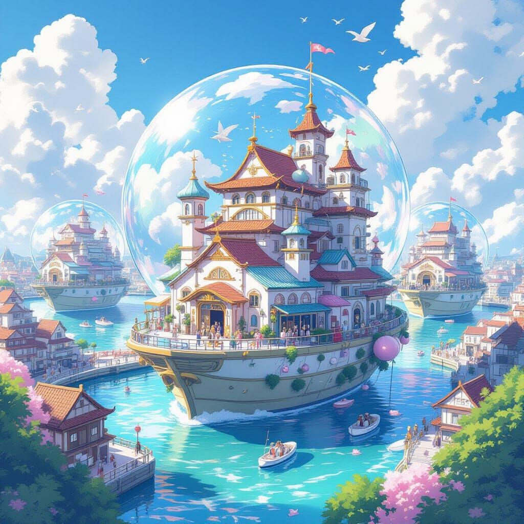 Magical Floating Cities in Pastel Bubbles, Kawaii Fantasy St...