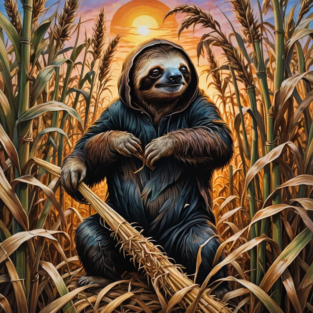 Sloth Eats Grim Reaper in Cornfield: Airbrush Painting
