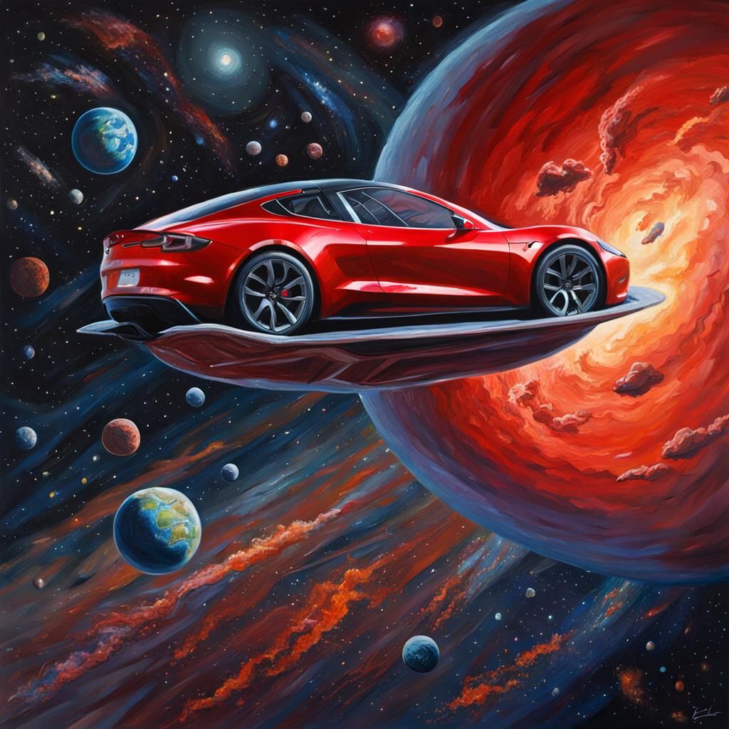 Red Tesla Roadster Floating in Space Oil Painting