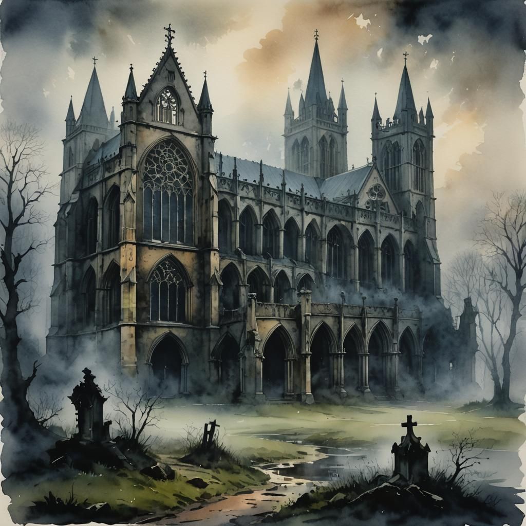 Eerie Gothic Abbey Ruins in Watercolor