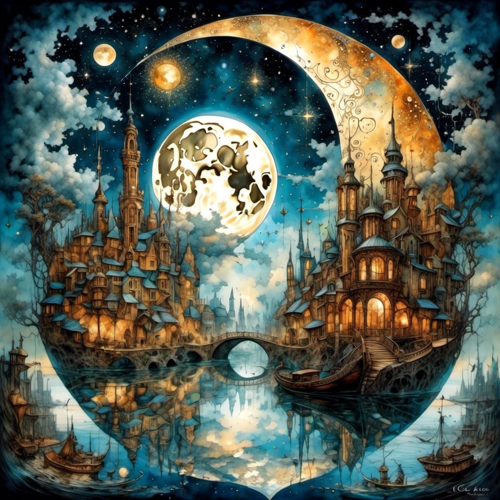 Ornate City Inside Crescent Moon in the Clouds