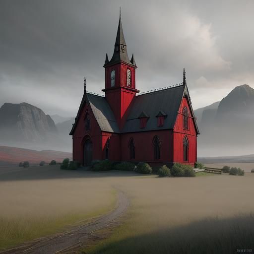 Victorian Gothic Church with Red Door, Matte Painting