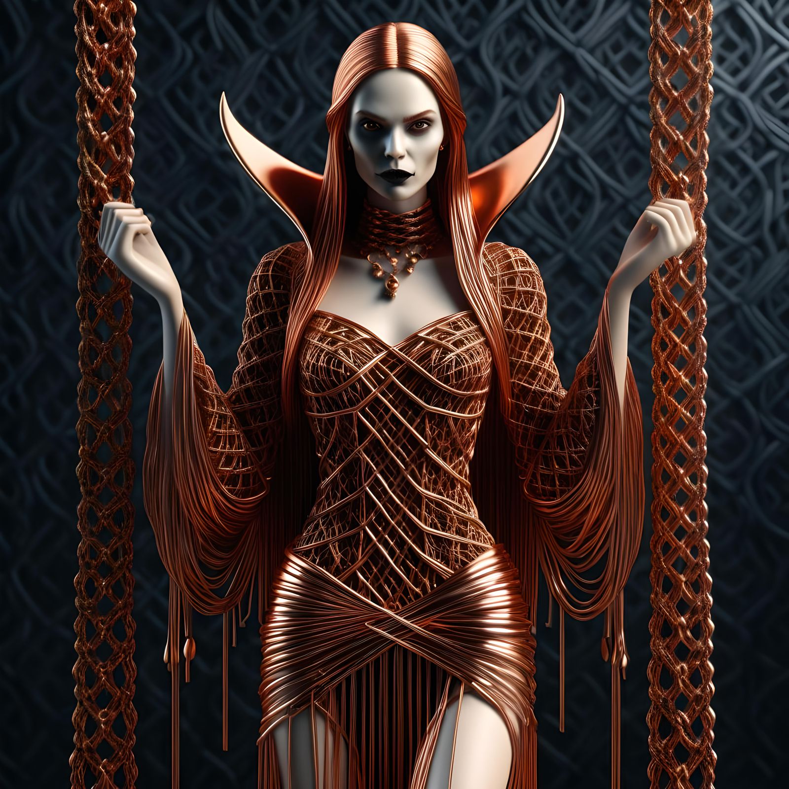 Vampire Woman Merging into Copper Macrame Wallpaper